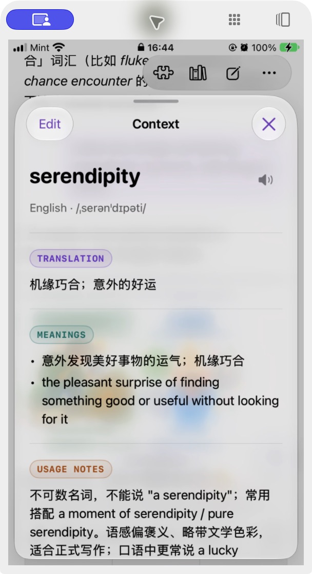 The learning point sheet generated from the serendipity query, showing translation, meanings and usage notes.