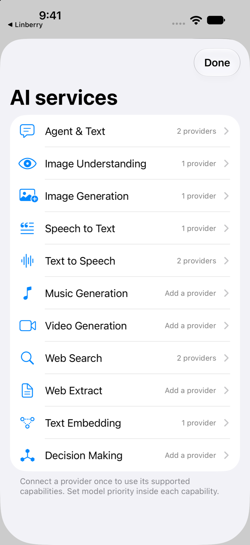 Violet's AI services screen listing text, image, speech, music, video, web and other capabilities.
