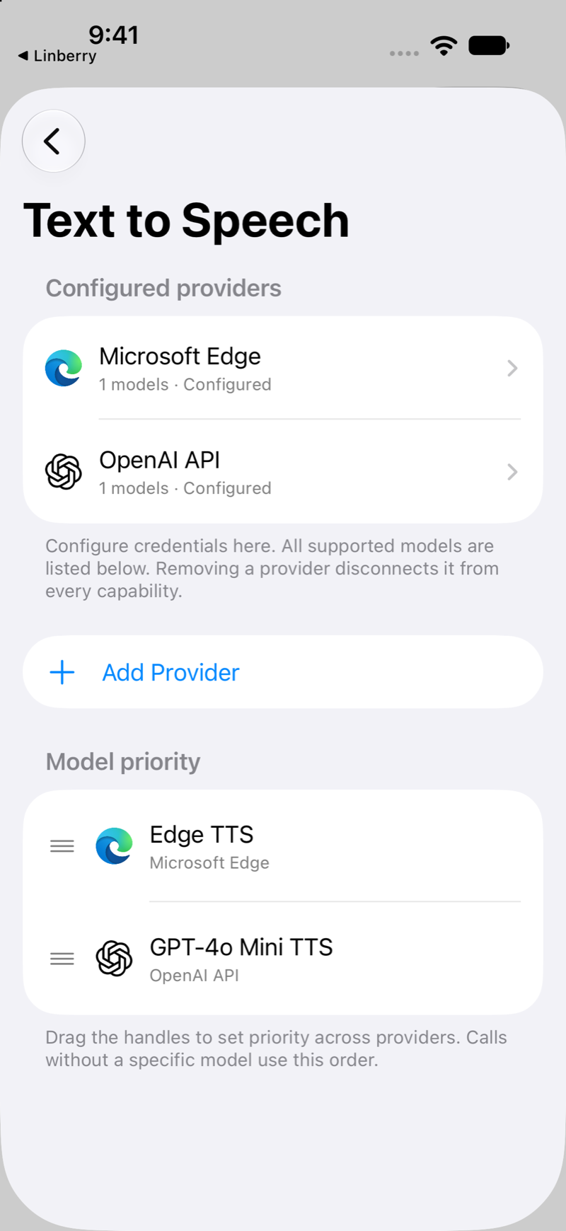 Violet's text-to-speech settings with Microsoft Edge and OpenAI providers and an ordered model list.