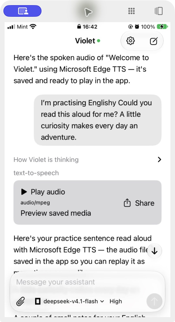 A real Violet conversation generating spoken audio, with in-app playback and sharing controls.